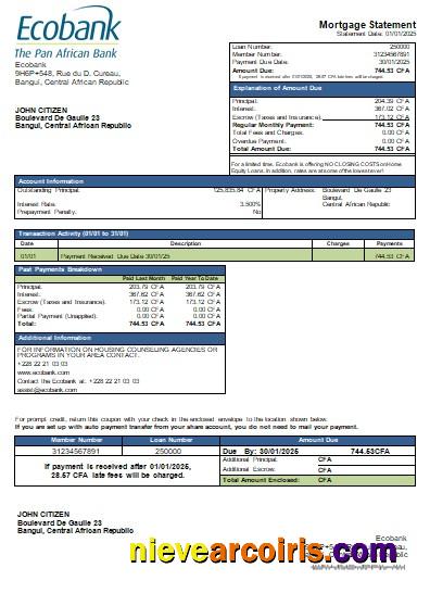 Central African Republic Ecobank bank mortgage statement